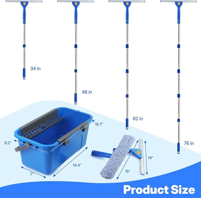 Window Cleaning Kit with Bucket, Squeegee and Scrubber for Home, Commercial | Professional High Windows Washing Kit, 76" Long Handle Window Squeegee & Scrubber, 3 Gal Bucket, Complete Window Cleaner Tool
