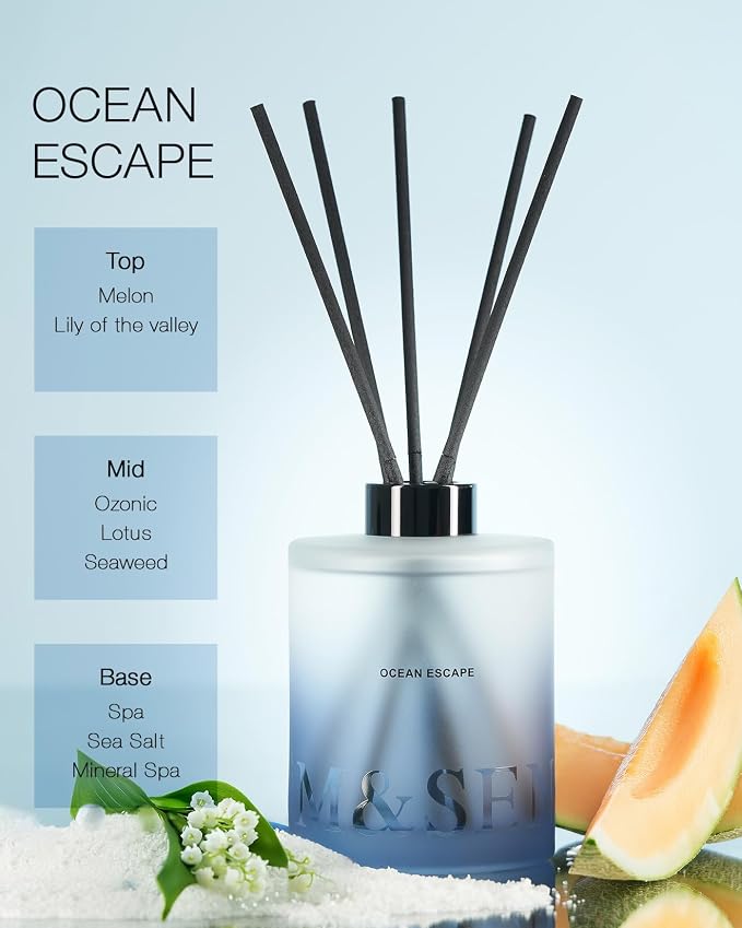 M&SENSE Reed Diffuser Set, Ocean Escape, 17 oz Natural Essential Oil | Non-Toxic Organic, Long-Lasting Fragrance, Ideal for Living Room, Bathroom, Gifts for Women