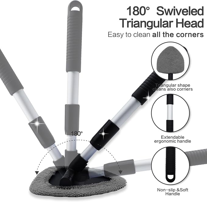 Windshield Cleaner Tool 22.5" L - Car Interior&Exterior Window Cleaning Kit with Extendable Handle&4 Microfiber Pads and Thick Large Wash Sponge, Auto Glass Wiper Brush Kit for Cars Home (7pcs Grey)