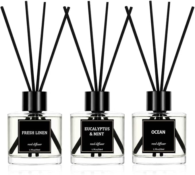 Reed Diffuser Set of 3 Pack,50ML Fresh Linen Eucalyptus Mint Ocean Scented Oil Diffuser with 5 Sticks,Home Fragrance Reed Diffuser for Bedroom Bathroom Office
