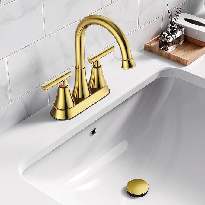 Bathroom Sink Drain with Overflow, Hurran Bathroom Sink Stopper for Bathroom Vanity Vessel Sink, Rapid Draining Plastic Pop-up Sink Drain with Hair Catcher Anti-Clog Strainer, Brushed Gold