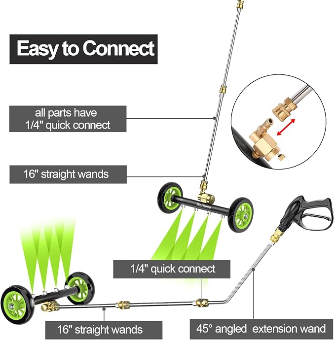 Undercarriage Pressure Washer Attachment 16 inch, Water Broom 4000 PSI | Heliwoo Dual Function Power Washer Surface Cleaner with 4 Nozzles & 3pcs 1/4’’ QC Extension Wand for Chassis Driveway Yard