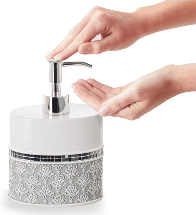 Creative Scents Mirror Damask Bathroom Accessory Set Complete - Decorative 4 Piece White and Gray Bathroom Set Includes: Soap Dispenser, Soap Dish, Toothbrush Holder and Tumbler