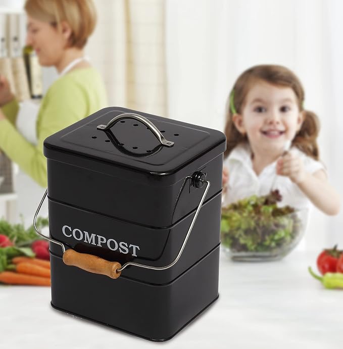 Stainless Steel Compost Bin for Kitchen Countertop Compost Bin，1 Gallon, Kitchen Trash Can -Includes Charcoal Filter，Compost Bucket Kitchen Pail Compost with Lid-Black