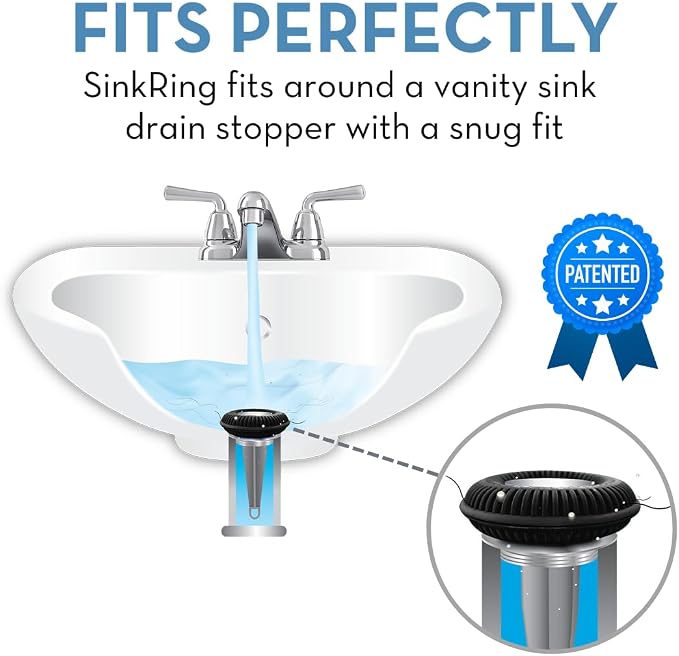 SinkRing Bathroom Sink Drain Protector & Strainer for Sink Stoppers, Black | Easy snap-in design. Precision clog-free trap prevents loss of earrings, jewelry or contacts. Fits 1.37" - 1.57" stoppers.