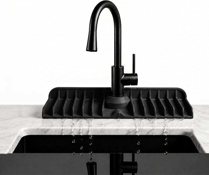 Premium Kitchen Sink Splash Guard – 16" x 5.7" Silicone Faucet Mat with Secure Pressure Clip, True 10° 3D Drainage(No Pooling), Anti-Lift Design, Flexible Leak-Sealing Ring, Non-Slip Fit Behind Faucet