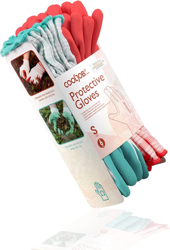 COOLJOB Gardening Gloves for Women and Ladies, 6 Pairs Breathable Rubber Coated Yard Garden Gloves, Outdoor Protective Work Gloves with Grip, Size Small, Red & Green