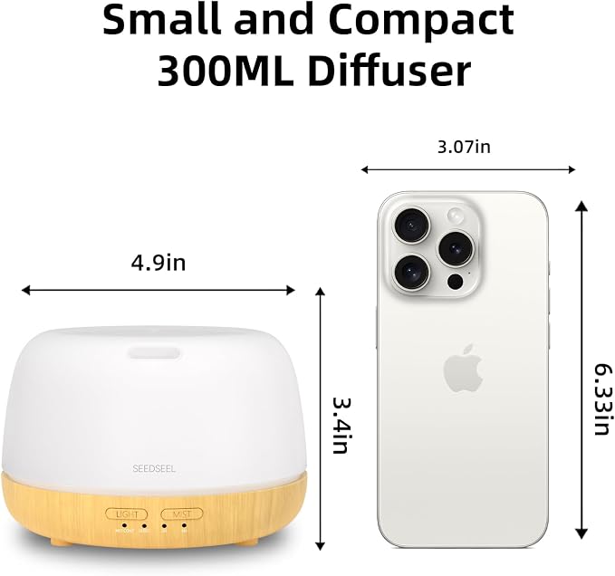 SEEDSEEL 300ML Essential Oil Diffuser,Quiet 8 Hours Operation, 7-Color LED Light, 4 Timer, Remote Control, Aromatherapy Diffuser Auto-Off, for Bedroom, Living Room, Office, Home