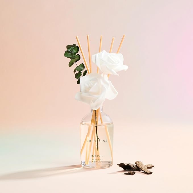 Reed Diffuser Black Forest 6.76 fl oz Home Bathroom Fragrance | 6 Reed Sticks, Real Eucalyptus & Artificial Rose, Essential Oil for Bedroom Shelf Décor, Scent Diffuser