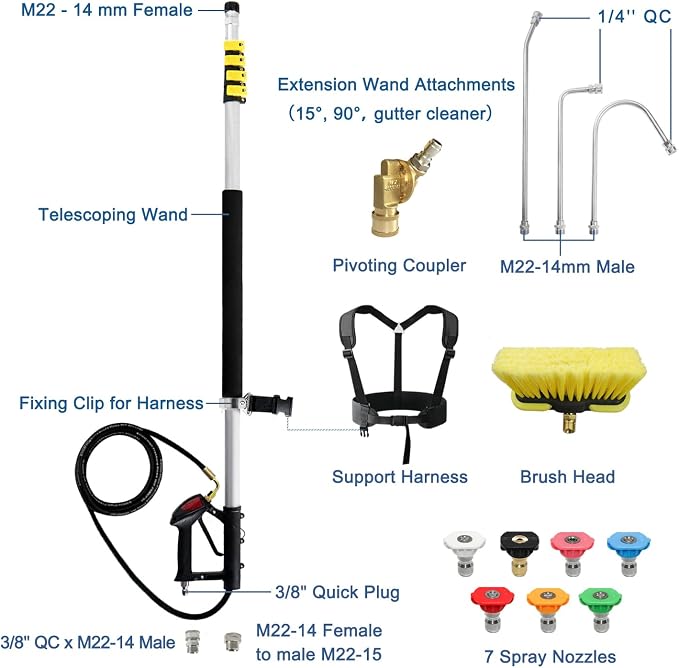 JANZ 24 FT Pressure Washer Telescoping Wand with Power Washer Extension Wands, Brush Head, Gutter Cleaner, 7 Spray Nozzle Tips, 2 Hose Adapters and Support Belt TW-004 | Gutter Cleaner Attachment, 7 Spray Nozzle Tips, 2 Hose Inlet Adapters, Pivoting Co...