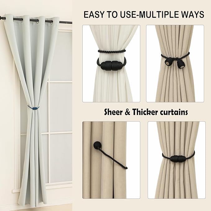 Magnetic Curtain Tiebacks Rope Curtain Tie Backs for Curtains 8 Pack Curtain Holders for Drapes Decorative Window Curtain Holdbacks, Black