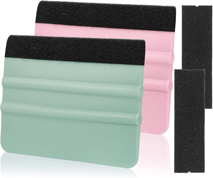 2 Pcs Felt Edge Squeegee 4 Inch Teal and Pink | Extra 2 Felt Replacements, Non Slip Plastic 4 Inch Squeegee, Scratch Free Bubble Elimination, for Car Wrap Window