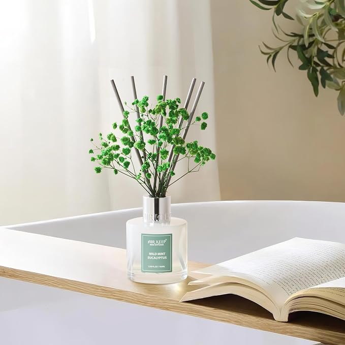 Reed Diffuser Set,3.38 fl oz (100 ml) - Wild Mint&Eucalyptus Oil Diffusers with 8 Reed Sticks, Home Fragrance Reed Diffuser for Bathroom Shelf Decor