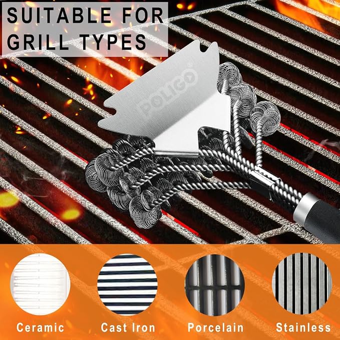 POLIGO BBQ Grill Cleaning Brush Bristle Free & Scraper - Triple Helix Design Barbecue Cleaner - Non-Bristle Grill Brush and Scraper Safe for Gas Charcoal Porcelain Grills - Ideal Grill Tools Gift