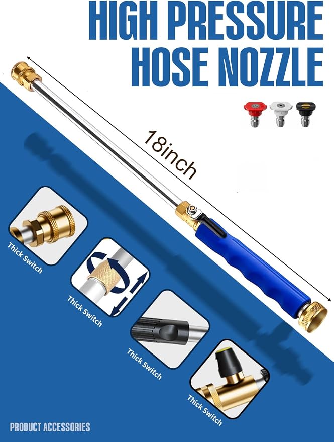 Jet Nozzle High Pressure Hose Nozzle, 18” Hydro Jet Water Hose Nozzle for Garden Hose with 3 Different Nozzles & Hose Quick Connectors, Power Washer Wand for Cleaning Patio, Car, Window (Blue, 18inch)