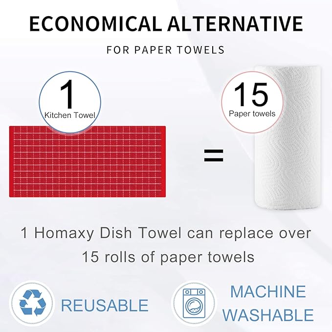 Homaxy 100% Cotton Terry Kitchen Towels(Red, 13 x 28 inches), Checkered Designed, Soft and Super Absorbent Dish Towels, 4 Pack
