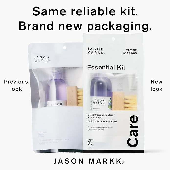 Jason Markk Essential Kit, Shoe Cleaner, 2-Piece Set, Deep Cleaning Solution & Durables Brush, Sneaker Care, Ideal for Footwear, Safe for Midsoles, Full-Grain Leather, Rubber, Plastic, and More, 4oz