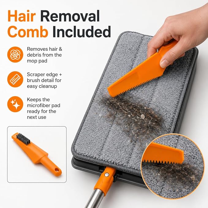 Microfiber Flat Mop for Floor Cleaning, Foldable Floor Mop with 2 Washable Pads & Hair Removal Comb, Adjustable Long Handle Dust Mop for Hardwood Tile Laminate, Wet & Dry Baseboard Cleaner