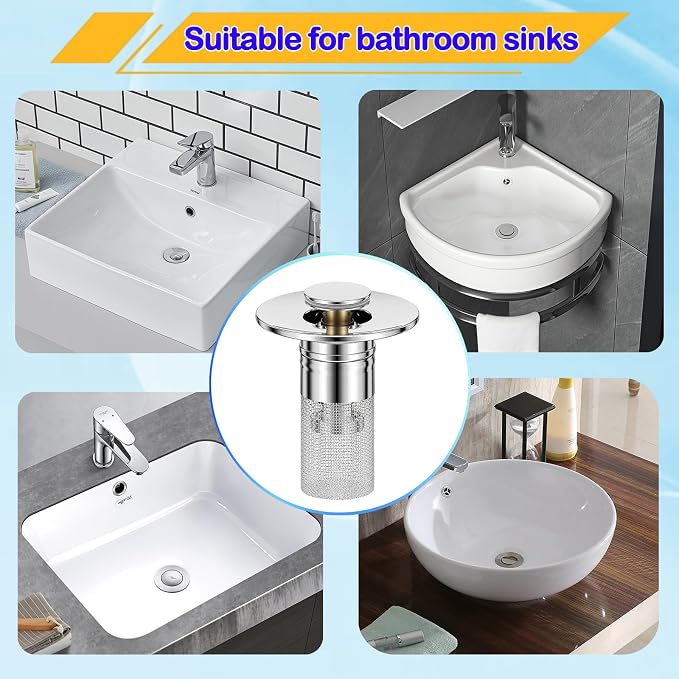 Bathroom Sink Drain Strainer, Pop-up Sink Stopper Hair Catcher with Removable Stainless Steel Filter Basket,Universal Drain Plug Filter Replacement for Bathroom Shower Sink Stopper(2Pcs)