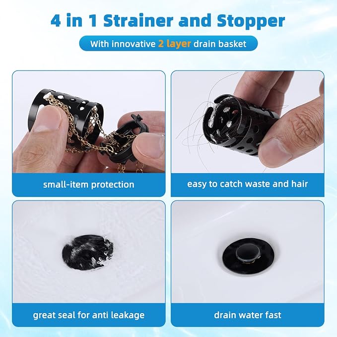 Universal Bathroom Sink Drain Stopper Hair Catcher, Matteblack | Upgraded with 2-Layer Detachable Filter Basket, 4 in 1 Pop Up Drain Strainer, Anti-Clog, Fit for 1.1''~2.36'' Sinks