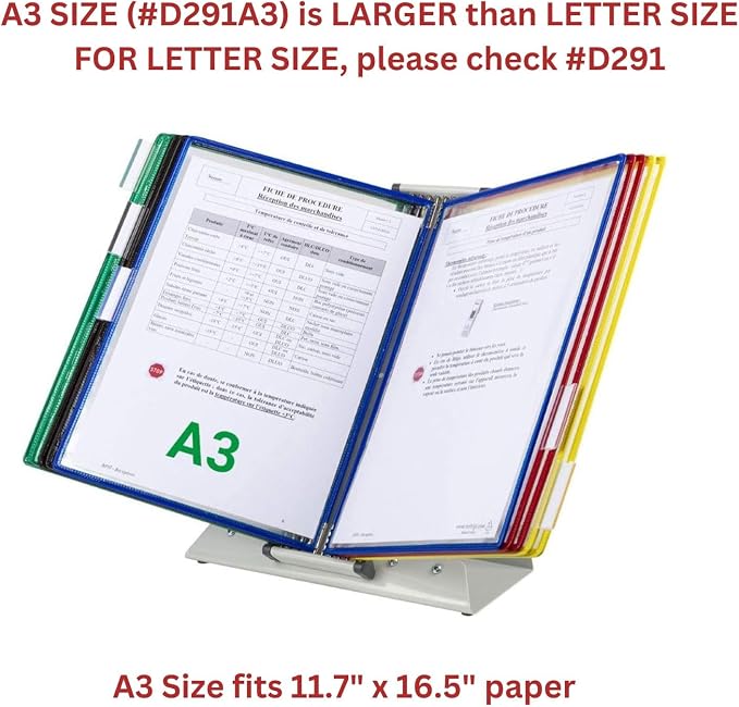 Tarifold Desktop Reference Display System, 10 Pockets, A3 Size, Assorted | 10 double-sided PVC pockets hold 20 sheets, A3-size documents, sturdy metal base, easy to assemble