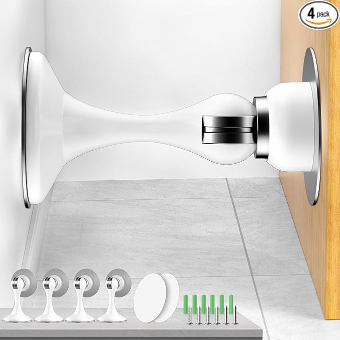 Crosize Magnetic Door Stoppers 4 Pack, Stainless Steel Door Catch for Wall and Floor Mounting, Door Holder Keep Door Open, No Drilling Door Stop with Adhesive Tapes, White