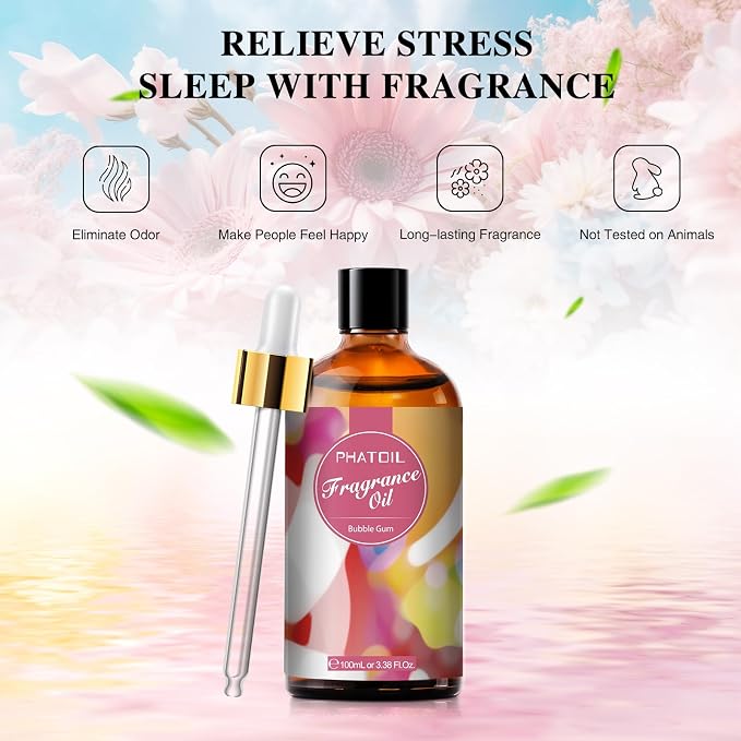 PHATOIL Bubble Gum Fragrance Oil for Diffuser Aromatherapy 3.38FL.OZ | Long Lasting Scented Oils For Humidifier, Air Freshener, DIY Soap Candle, Scent Project Making, Aroma Oil for Home Freshening