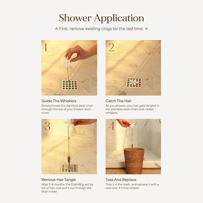 DrainWig Shower Drain Hair Catcher – Disposable Bathroom Hair Trap, Easy to Install in Shower Drain Cover, Helps Prevent Clogs – As Seen on Shark Tank – White Flower (2-Pack)