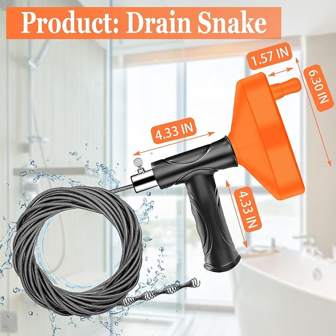 Drain Snake Auger, Plumbing Snake Drain Hair Clog Removal Tool, Sink Unclogger Drain, Heavy Duty Drum Auger, Cleaner Tool for Bathroom Kitchen Tub Shower Drain Clog Remover with Gloves (33 Feet)