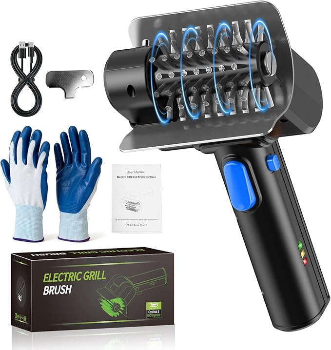 Electric Grill Brush with Dual Safety Lock. Ideal Gift for Men Dad Husband | Professional BBQ Cleaner with Submersible 304 SS Head, Splash-Proof Scrubber for Outdoor Grill (Blue Button)