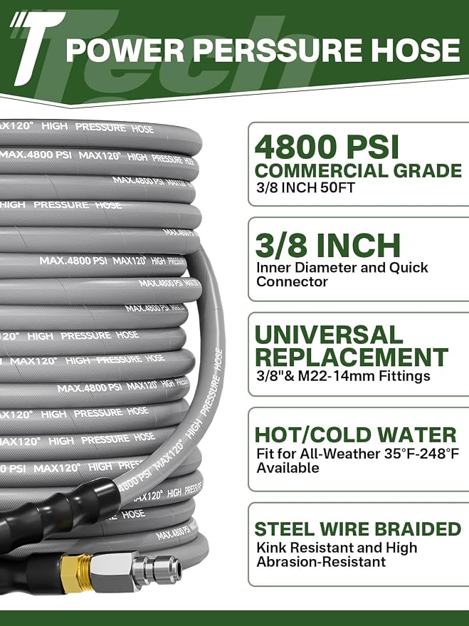 3/8" 4800PSI Pressure Washer Hose 50FT with Swivel Quick Connect for Cold/Hot Water Max 248°F, Kink Resistant Steel Wire Braided, Wear Resistant Power Washer Hose with M22 14mm Adapter