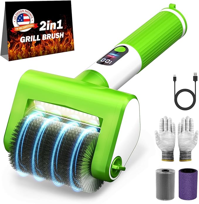 Electric Grill Brush, 2-Speed BBQ Grill Brush with LED Light/Screen Powerful Cleaning 800RPM/4000mAh/2 Brush Heads No Bristle Shedding Rechargeable Lightweight Grill Cleaner for Outdoor/Camping