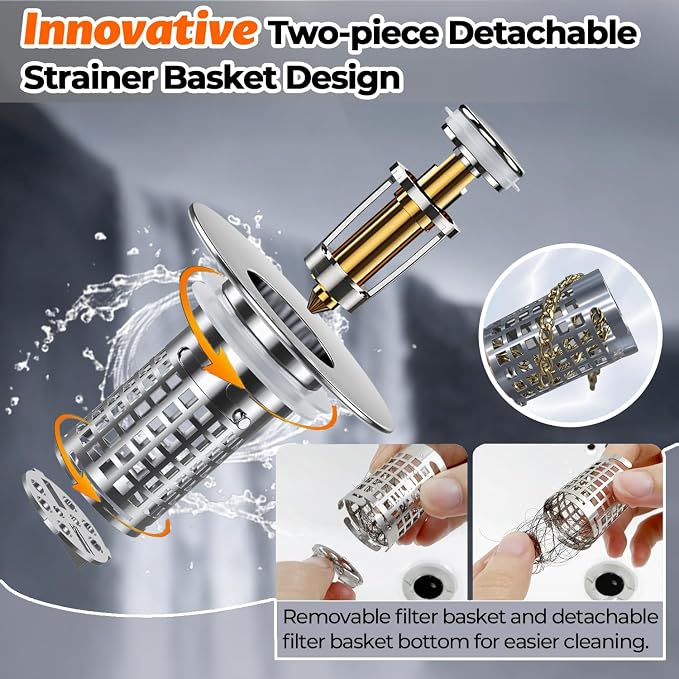 Bathroom Sink Drain Strainer(2PCS), Stainless Steel Pop-up Strainer Basket Hair Catcher with Removable Basket, Brass Bullet Core, Universal Fit 1.1-2.36 Inch