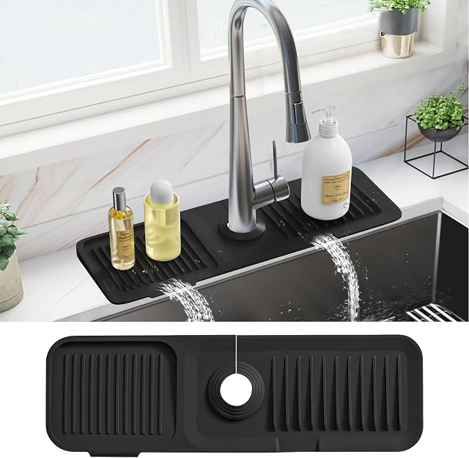 PoYang 17.7 Inch Faucet Mat for Kitchen Sink Splash Guard Behind Faucet, Sink Protectors for Kitchen Sink Faucet Mat Splash Guard for Kitchen Sink Area, Long Silicone Faucet Guard Draining Mat, Black