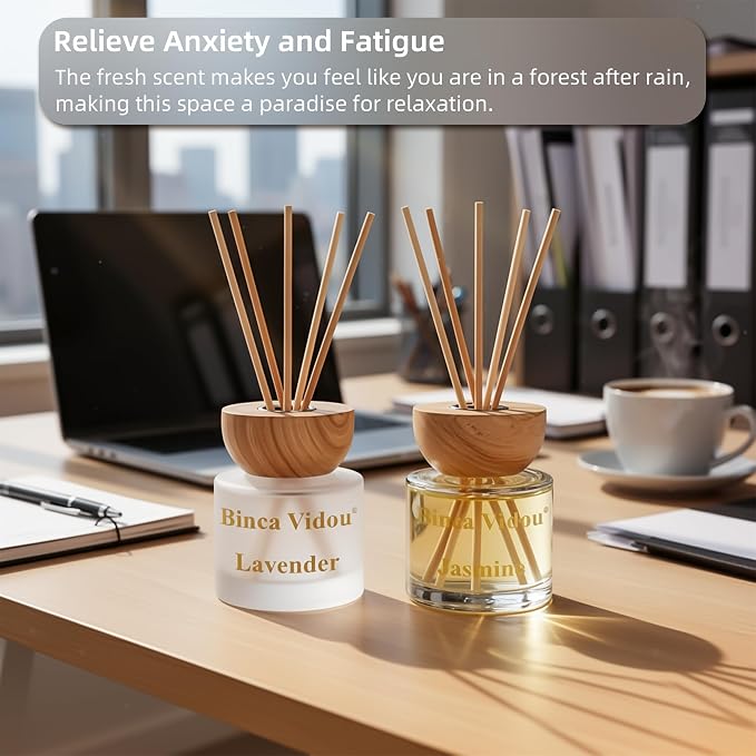Reed Diffuser Set, Binca Vidou Lavender & Jasmine Natural Scent Oil Diffusers with Sticks for Home Office Bathroom Aromatherapy Decor 3.38oz x 2