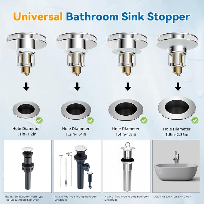 Universal Metal Bathroom Sink Stopper, Pop-Up Hair Catcher Strainer, Chrome | Large Cover Cap, Sink Drain Strainer with Detachable Double Filter, Drain Plug Fits 1.1"-2.36" US Basin, Brass Bounce Core