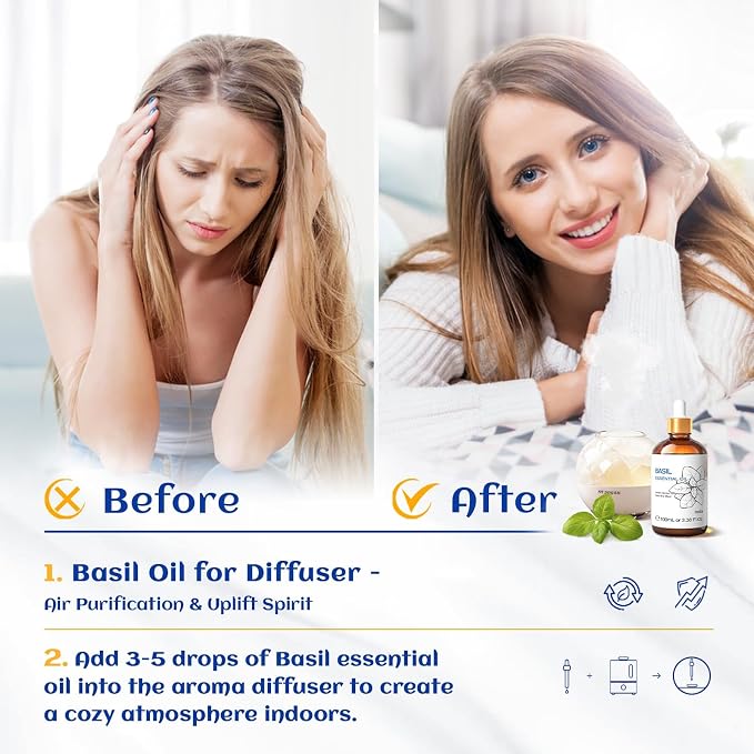 HIQILI Basil Essential Oil for Aromatherapy Diffuser, Hair Care | Perfect for bedroom, yoga, skin care. Promotes calm relaxation, body massage, DIY soap and candle - 100mL / 3.38 fl.oz