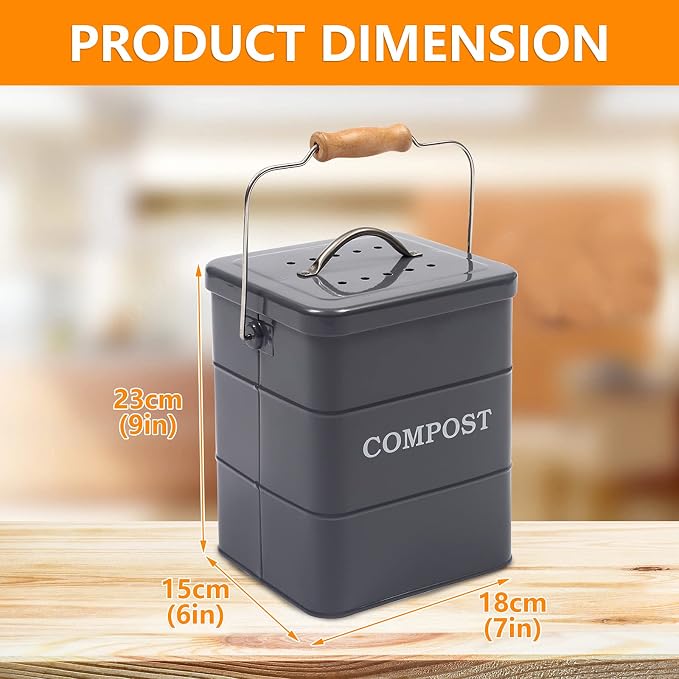 Stainless Steel Compost Bin, 1 Gallon, Kitchen Countertop Compost Bin, Includes Charcoal Filter, Compost Bucket Kitchen Pail Compost with Lid, Gray