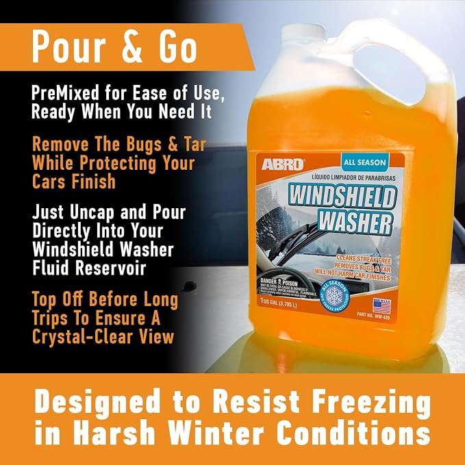ABRO Car Windshield Washer Fluid: 1 Gallon, All Season/Weather Vehicle Window Cleaner | Streak-Free Clean | Bug and Tar Remover for Cars