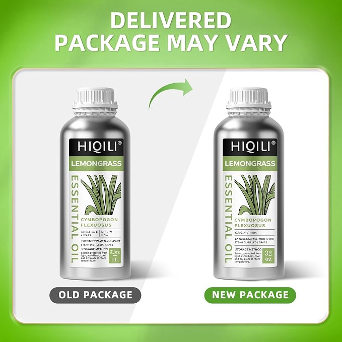 HIQILI Lemongrass Essential Oil Large Capacity for Body Massage | Crisp Herb Scent for Diffuser, DIY Blends, SPA, Scent Spray, Skin Blends, Shampoo & Lotion - 1000 mL / 32 fl oz