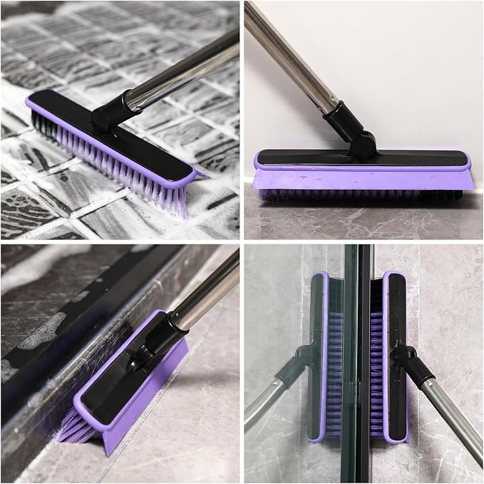Grout Cleaner Brush with Long Handle, V-Shaped Floor Scrub Brush Swivel Grout Brush Stiff Bristle Floor Grout Scrubber for Bathroom, Tile Line, Crevice, Kitchen, Wall, Deck, Garage (Purple)