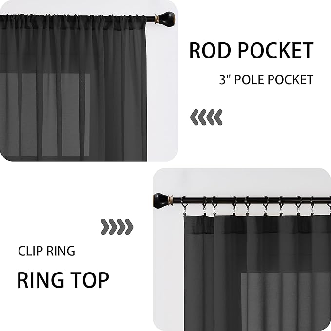 Tollpiz Sheer Curtain Closet Linen Textured Curtain Sheers Doorway Light Filtering Voile French Door Rod Pocket Curtains Patio Glass Door, 25 x 80 inches Long, Black, Set of 1 Panel