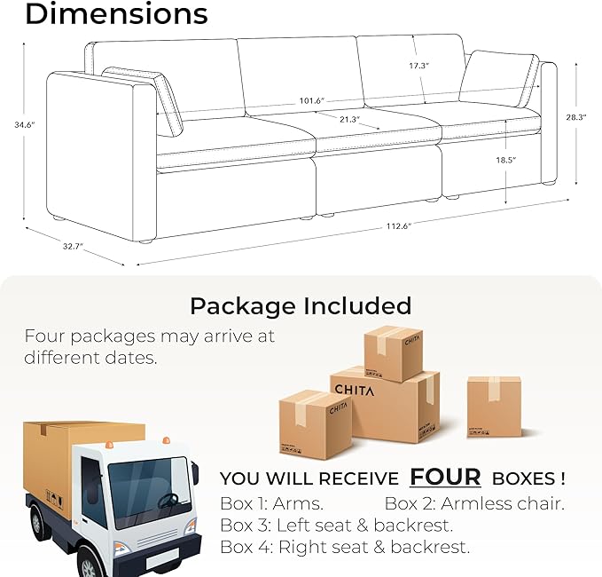 CHITA Oversized Modular Sectional Convertible Fabric Sofa Set, FSC Certified Extra Large Sectional Deep Seat Couch for Living Room,112 inch Width,3 Seat Modern Modular Sofa, Blue