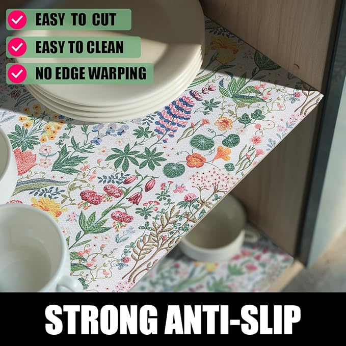 Floral Shelf Drawer Liners, Non Adhesive and Strong Non-Slip Colorful Cabinet Drawer Shelf Liners for Kitchen Wire Fridge, Waterproof Cabinet Liner,Easy to Clean,12IN x 10FT