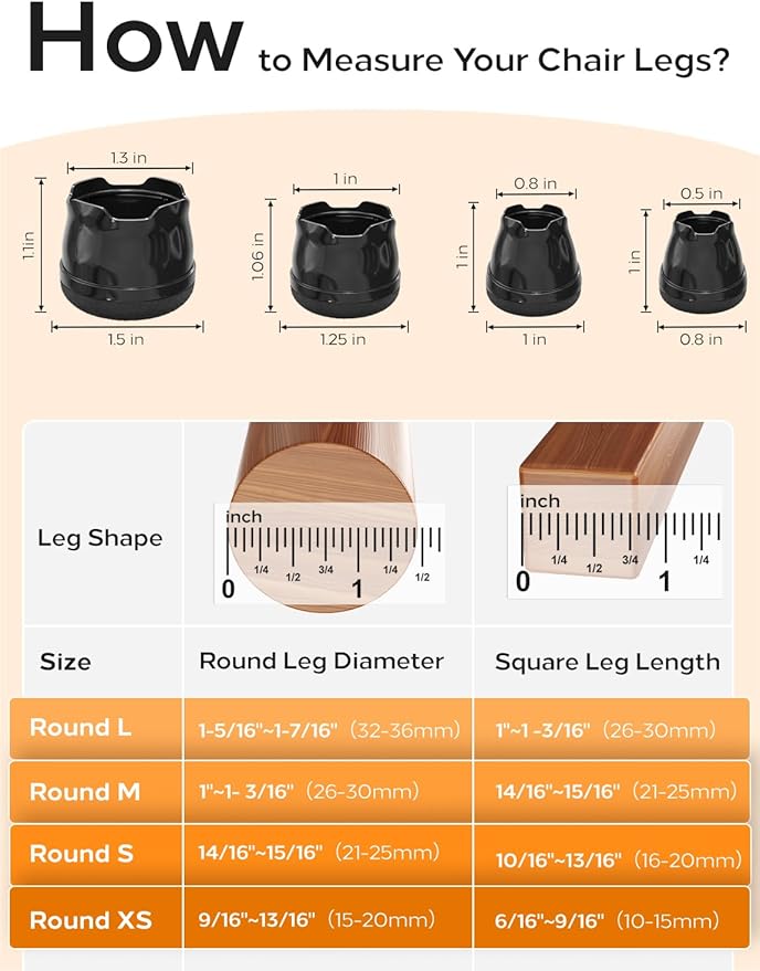 Upgrade 24 PCS Silicone & Felt Chair Leg Floor Protectors for Hardwood Floors - Furniture Pads, Chair Leg Covers/Cups - No Noise & Scratch-Proof - Round M (Fits 1"-1 3/16" / 26-30mm), Black