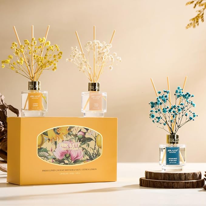 Reed Diffuser Set of 3,Fresh Linen Ocean Mist&Sea Salt Citrus Lemon Oil Reed Diffusers for Bedroom Living Room Office Aromatherapy Oil Reed Diffuser for Gift 50ml x 3