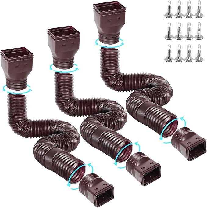 Gutterlix 3 Pack Flexible Gutter Downspout Extensions Extendable from 21" to 67", Downspout Extender Comes with Adapters, Thickened Down spout Drain Extension for Rainwater Drainage(Brown)