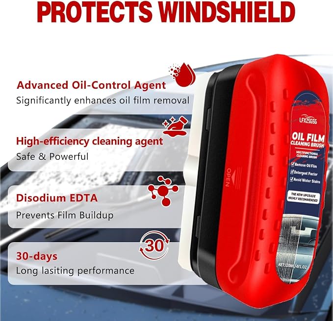 Oil Film Cleaning Brush for Car Windows, 2026 Upgraded Clear Vision Windshield Cleaner with Anti-Rain Coating, Improving Clarity & Safer Driving, Kit with Supplements & Towel, 2 pcs(Red)