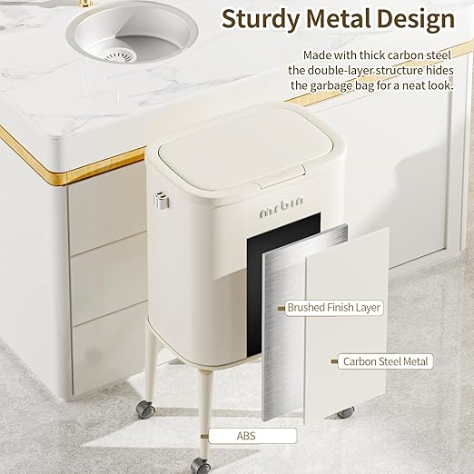 MRBIN Metal Kitchen Trash Can with Wheel Legs, 36L / 9.5gal Medium Press Lid Slim Removable Waste Basket, Pet Proof Tall Narrow Garbage Pail for Vanity, Bedroom, Bathroom, Living Room, White Rose
