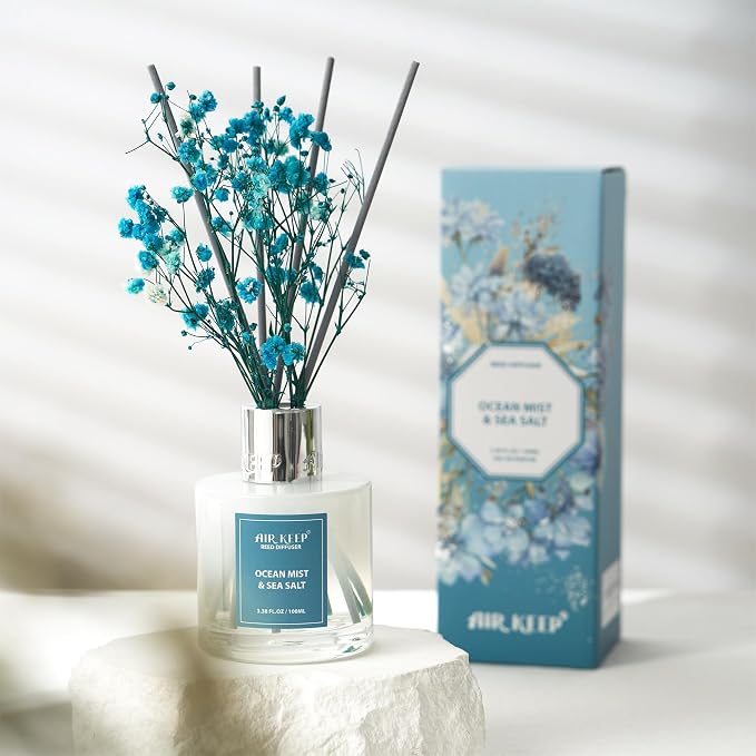 Reed Diffuser Set,3.38 fl oz (100 ml) - Ocean Mist&Sea Salt Oil Diffusers with 8 Reed Sticks,Home Fragrance Reed Diffuser for Bathroom Shelf Decor